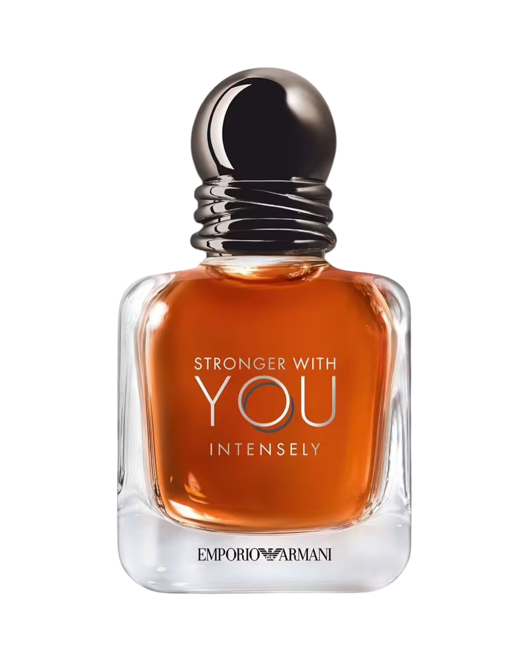 CR Signature Emporio Armani Stronger With You Intensely amber perfume bottle with a dark rounded cap