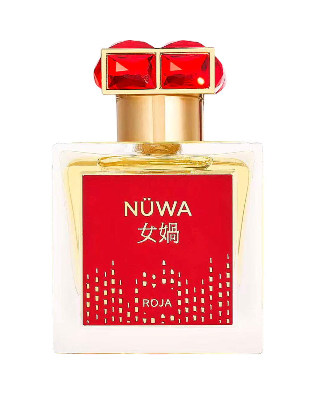 CR Signature Roja Parfums NüWa Parfum bottle with a vibrant red label and a striking red crystal-adorned gold cap.