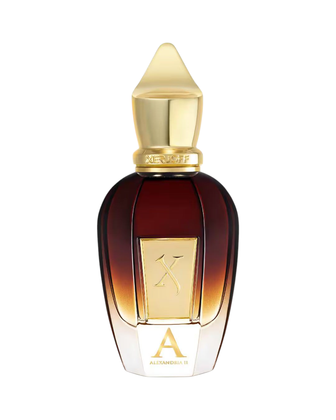 CR Signature Xerjoff Alexandria II Oud Stars perfume bottle with a gold cap and gradient glass design.