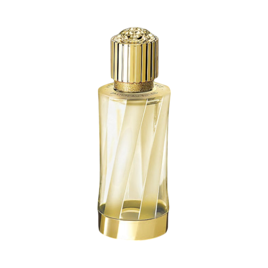 CR Signature Versace Atelier Jasmin Au Soleil perfume in a clear glass bottle with a gold Medusa head cap