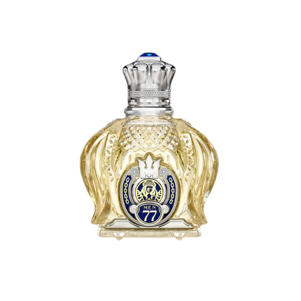 CR Signature Opulent Shaik Sapphire No. 77 men's eau de parfum in a decorative crown-shaped glass bottle