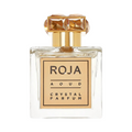 CR Signature Roja Parfums Amber Aoud Crystal Parfum in a clear glass bottle with a gold label and faceted cap.