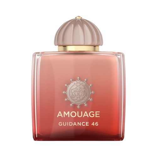 CR Signature Amouage Guidance 46 Extrait de Parfum in a square coral glass bottle with a rounded cap against black