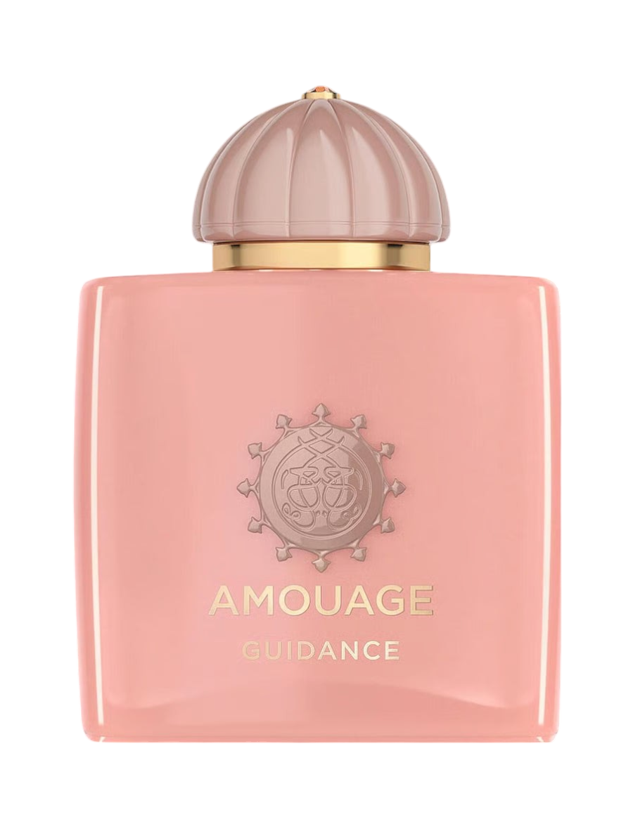 CR Signature Amouage Guidance Eau de Parfum in a soft pink glass bottle with a unique ribbed cap and gold lettering.