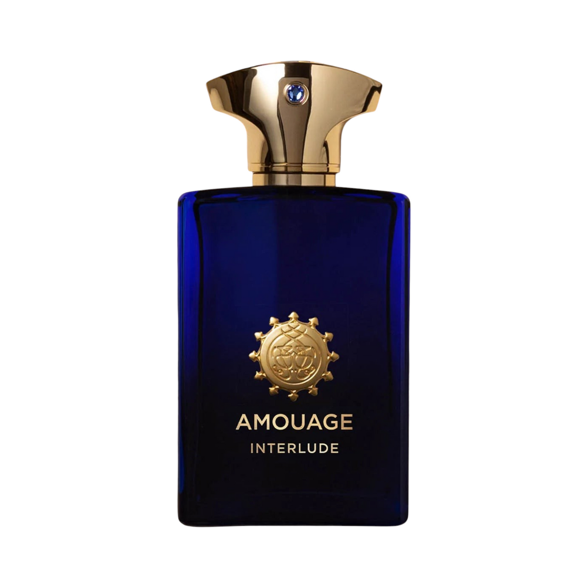 CR Signature Amouage Interlude Man Eau de Parfum in a deep blue glass bottle with a gold cap and emblem.