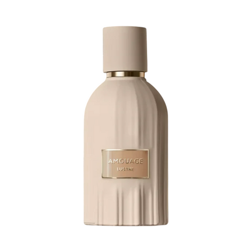 CR Signature Amouage Lustre Essence de Parfum bottle in a soft beige fluted glass design with gold accents.