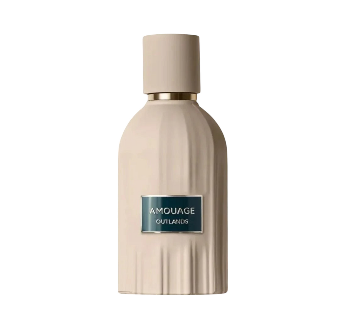 CR Signature Amouage Outlands Essence de Parfum in a textured beige bottle with a dark label and matching cap.