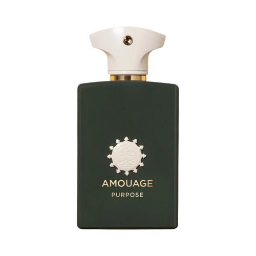 CR Signature Amouage Purpose Eau de Parfum in a dark green bottle with a white cap against a smoky black background.