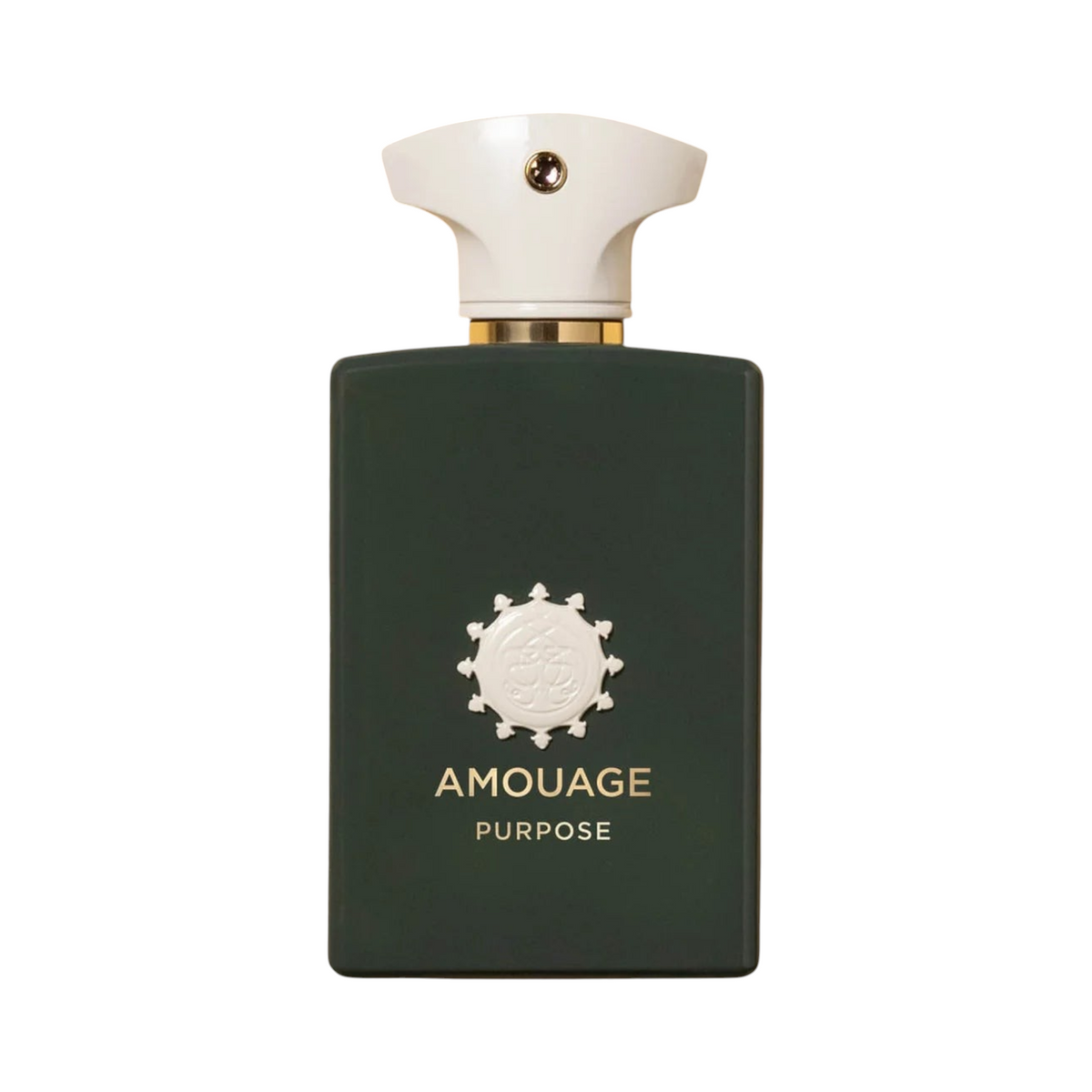 CR Signature Amouage Purpose Eau de Parfum in a dark green rectangular bottle with a white cap and gold accents.