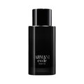 CR Signature Armani Code Parfum bottle in black glass against a dark background with a dramatic powder explosion