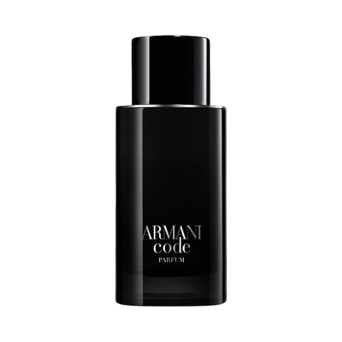CR Signature Armani Code Parfum bottle in black glass against a dark background with a dramatic powder explosion