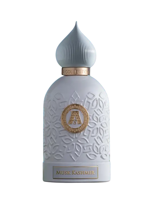 CR Signature Attar Collection Musk Kashmir perfume bottle in white with intricate embossed patterns and gold details.