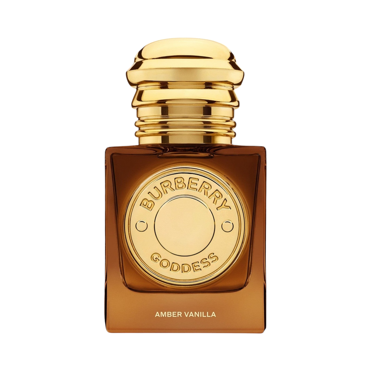 CR Signature Burberry Goddess Amber Vanilla Intense parfymeflaske i ravfarget glass med gullkork mot en mørk bakgrunn.