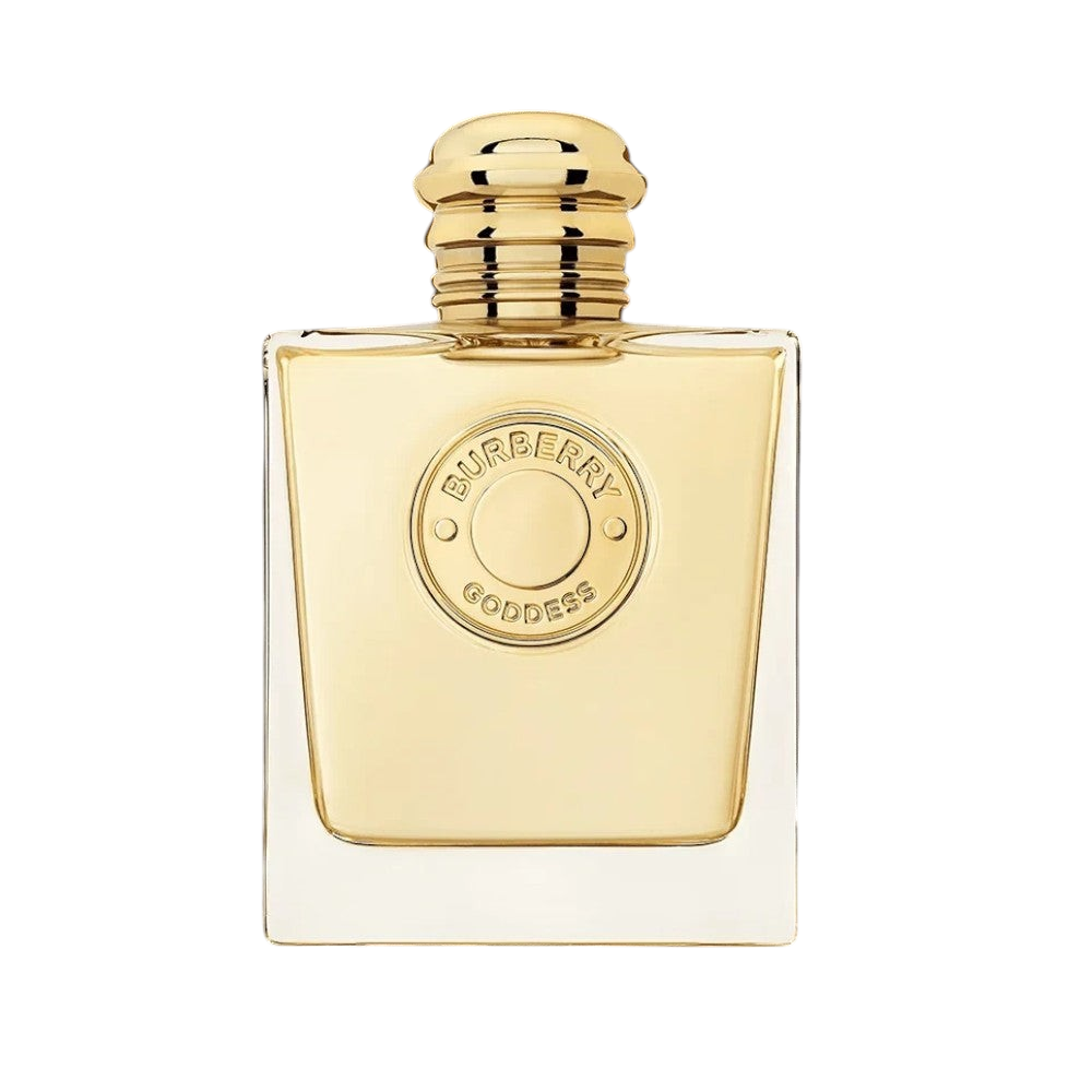 CR Signature Burberry Goddess Eau de Parfum i en elegant gullfarget glassflaske med vanilje- og lavendelduftnoter.