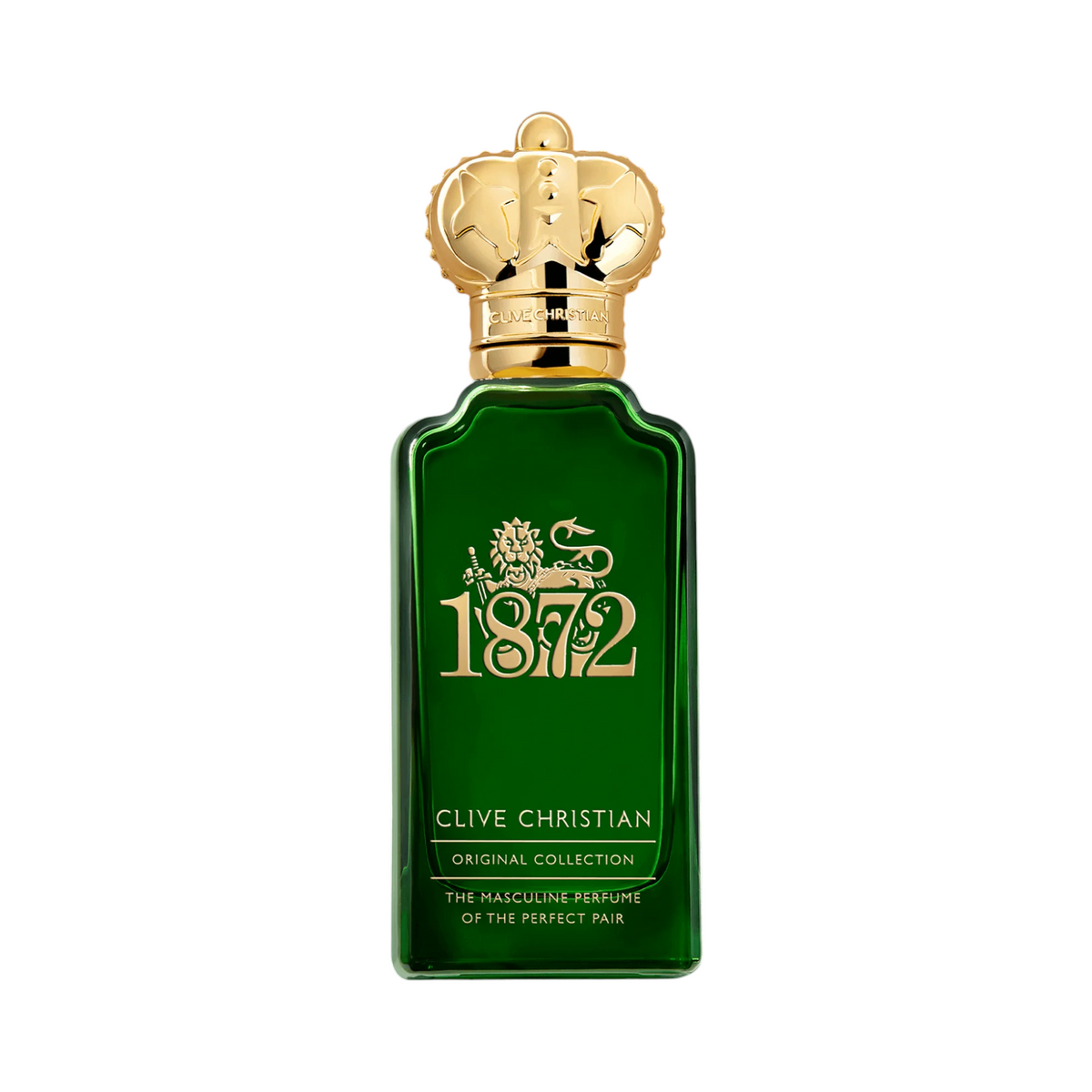 CR Signature Clive Christian 1872 Masculine Edition perfume in a green glass bottle with a gold crown cap