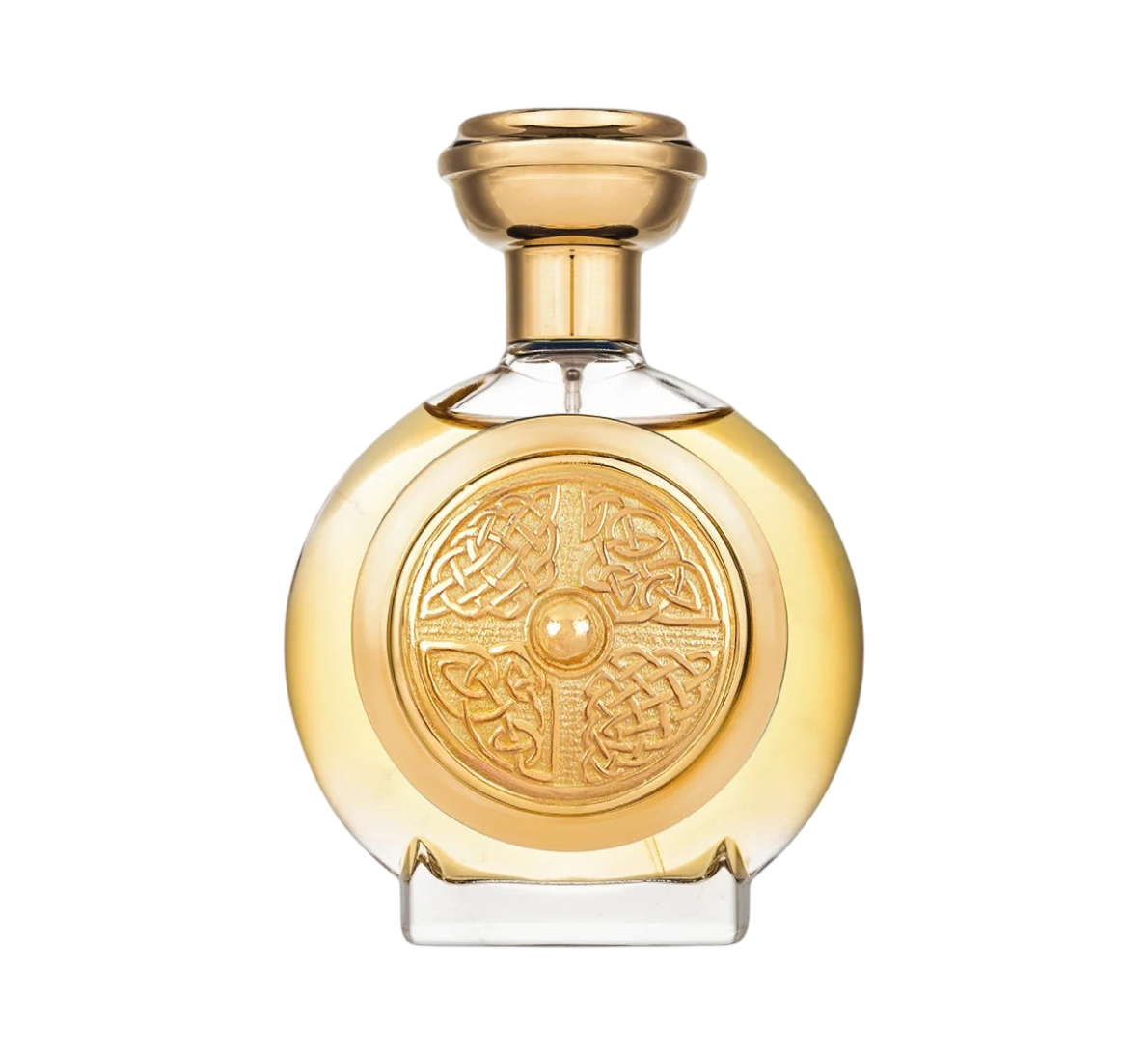 CR Signature Boadicea The Victorious Defender perfume bottle with a gold Celtic shield emblem on clear glass