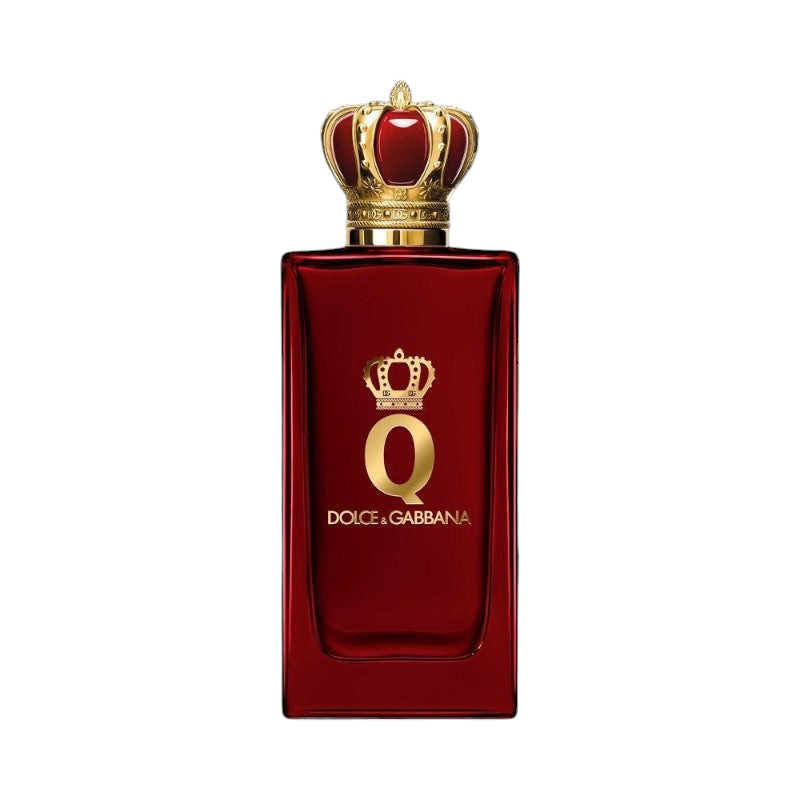 CR Signature Q by Dolce & Gabbana Parfum i en dyp rød glassflaske med en gullfarget krone som kork mot sort bakgrunn