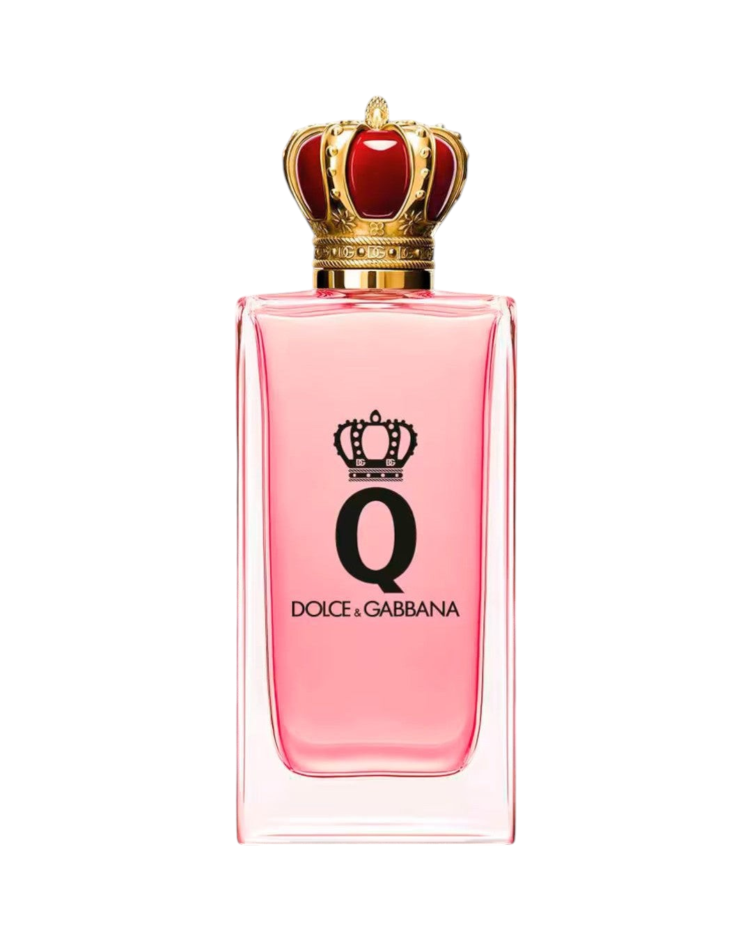 CR Signature Dolce & Gabbana Q Eau de Parfum i en rosa glassflaske med en gullfarget krone som kork.