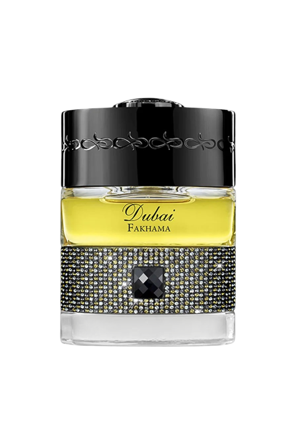 CR Signature The Spirit of Dubai Fakhama perfume bottle with a crystal-encrusted band and black cap