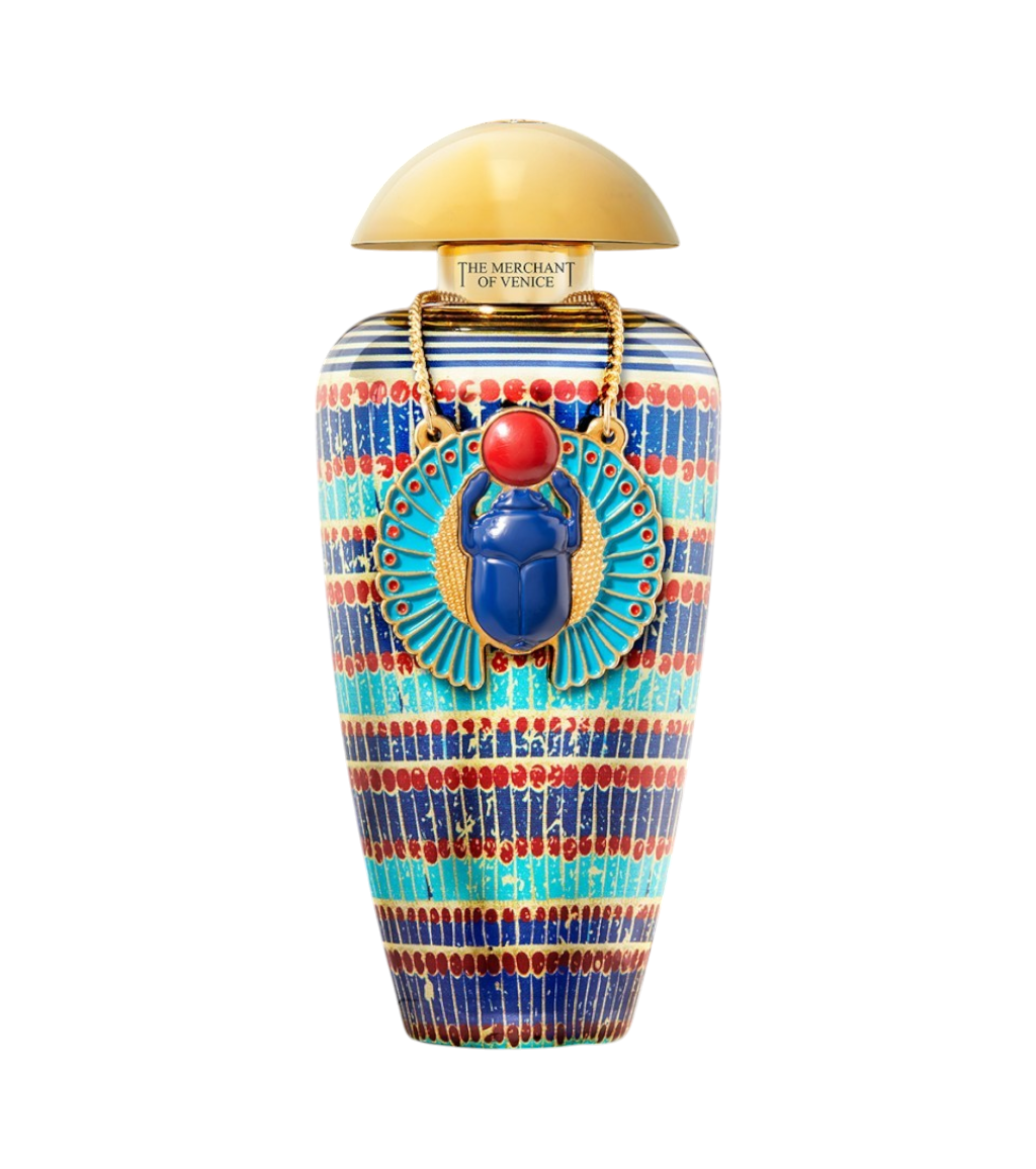 CR Signature The Merchant of Venice Eternal Sunrise perfume bottle with Egyptian scarab motif and gold cap