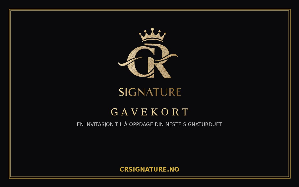 CR Signature gavekort med elegant gullogo på sort bakgrunn, perfekt for kjøp av nisjeparfymer og luksusdufter.