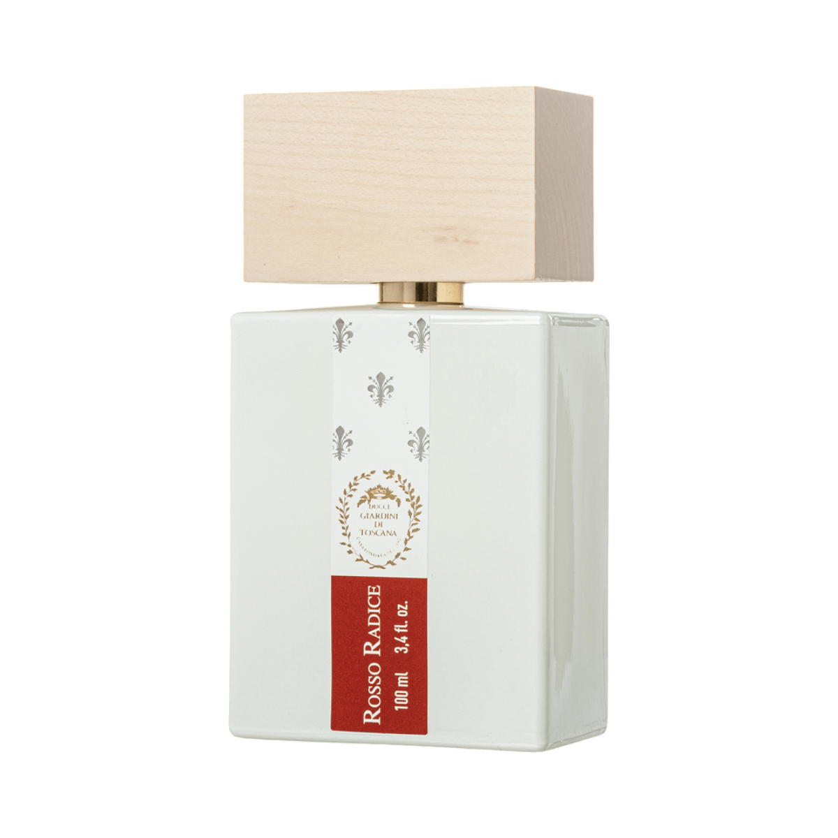 CR Signature Giardini di Toscana Rosso Radice perfume bottle with a white glass body and light wood cap