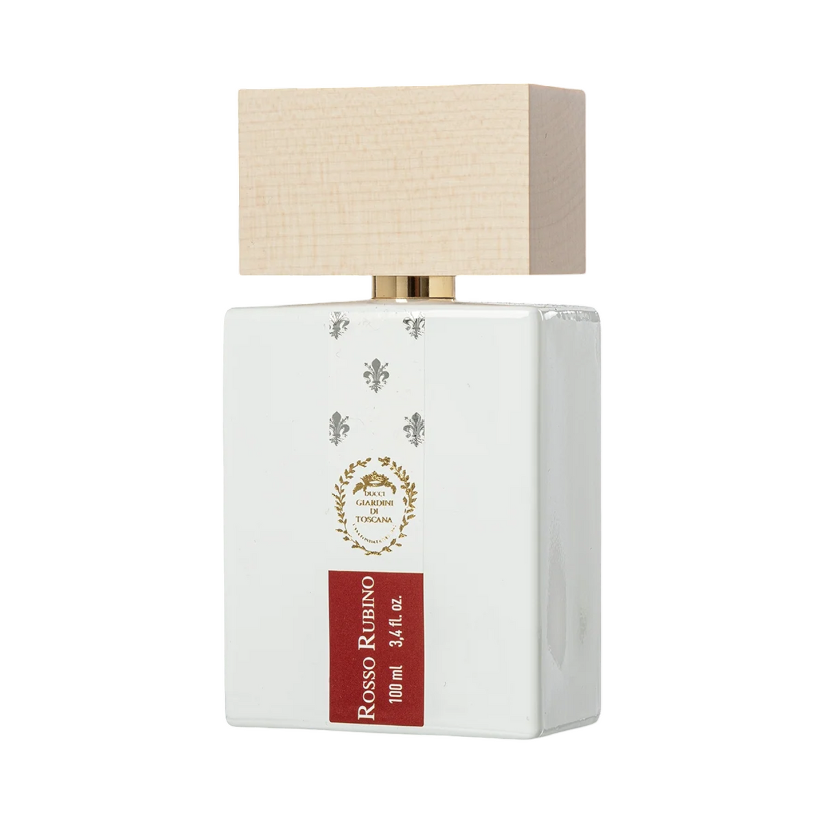 CR Signature Giardini di Toscana Rosso Rubino perfume bottle with a white glass body and light wood cap