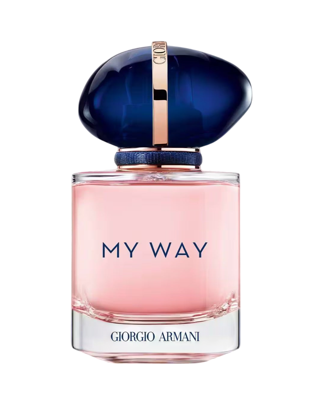 CR Signature Giorgio Armani My Way Eau de Parfum in a glass bottle with pink liquid and a blue stone-shaped cap.