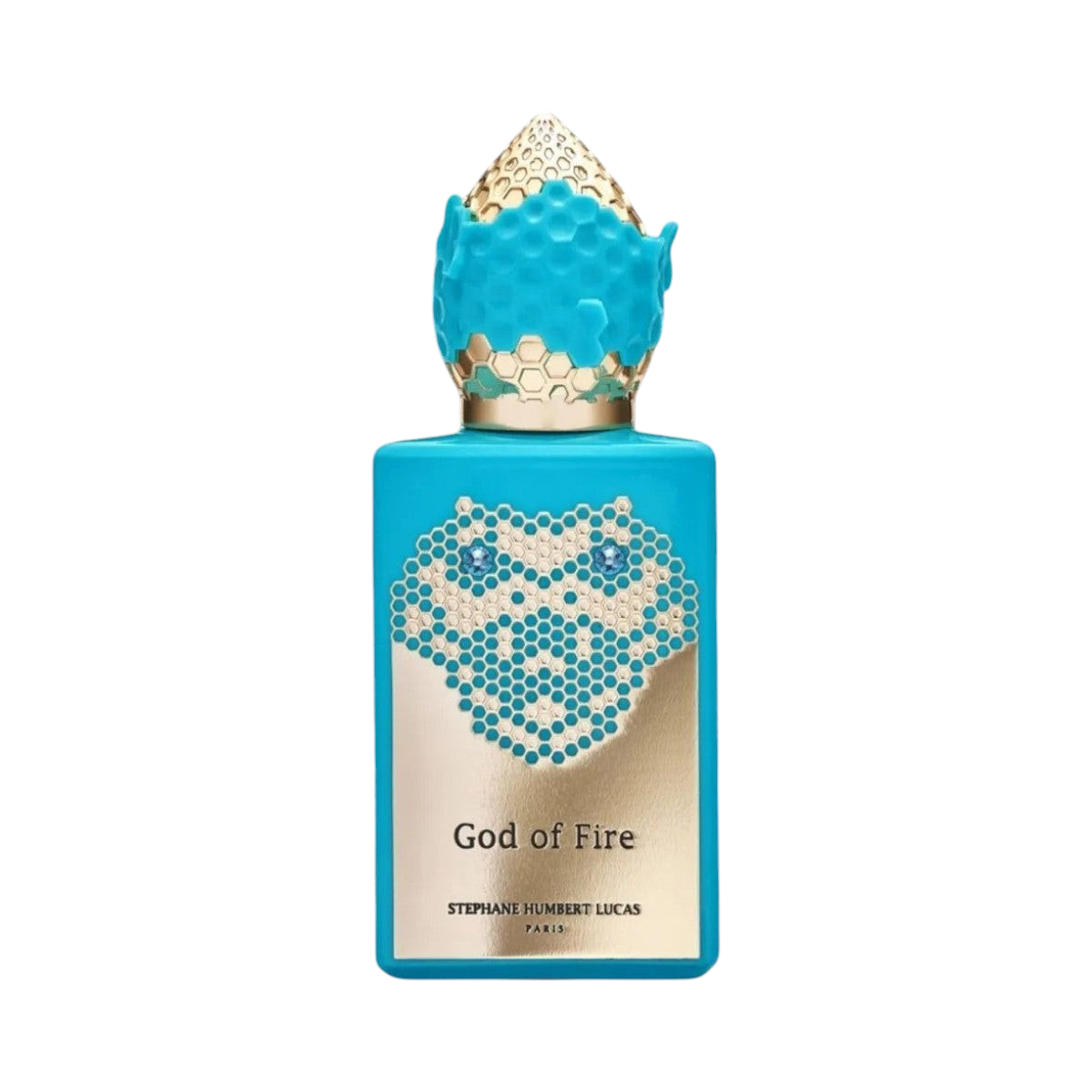 CR Signature Stéphane Humbert Lucas God of Fire parfymeflaske i turkis med gullfarget bikakemønster og detaljer