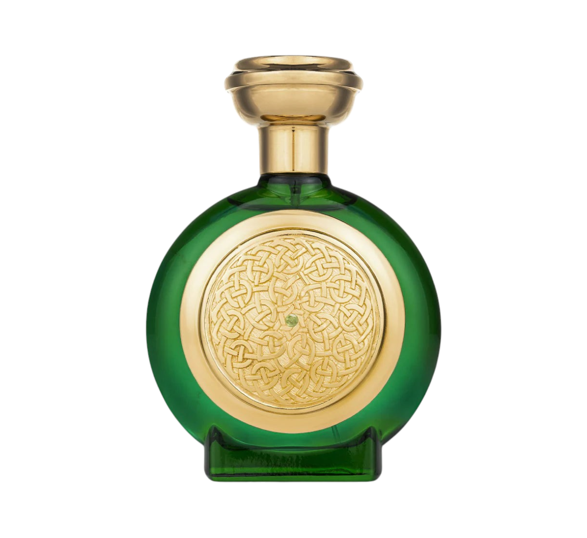 CR Signature Boadicea The Victorious Green Sapphire perfume bottle with gold Celtic knot emblem on green glass