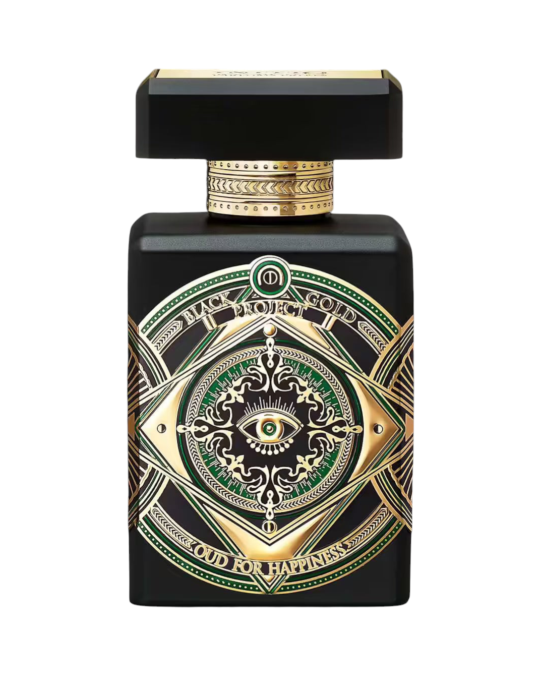 CR Signature Initio Parfums Privés Oud for Happiness 90ml perfume bottle with black glass and ornate gold detailing.
