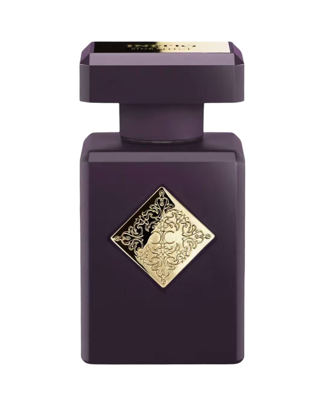 CR Signature Initio Parfums Privés Side Effect parfymeflaske i dyp lilla med gullfarget emblem mot mørk bakgrunn