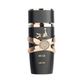 CR Signature Lattafa Asad Eau de Parfum bottle in matte black with gold accents against a dark smoky background