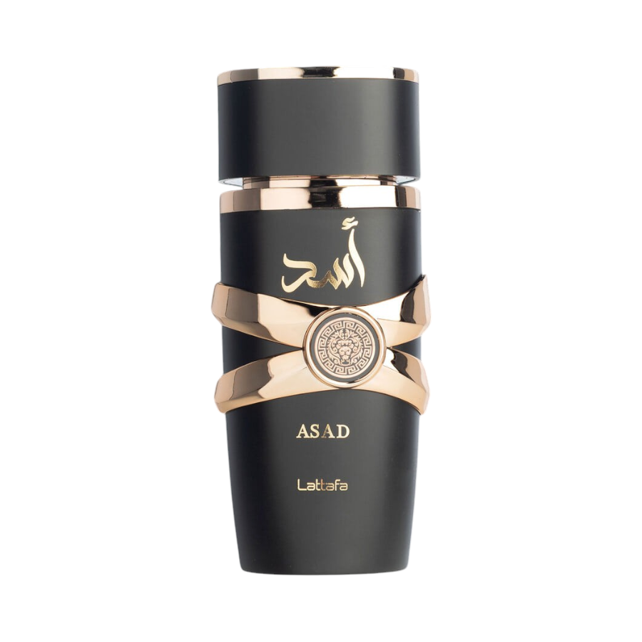 CR Signature Lattafa Asad Eau de Parfum bottle in matte black with gold accents against a dark smoky background