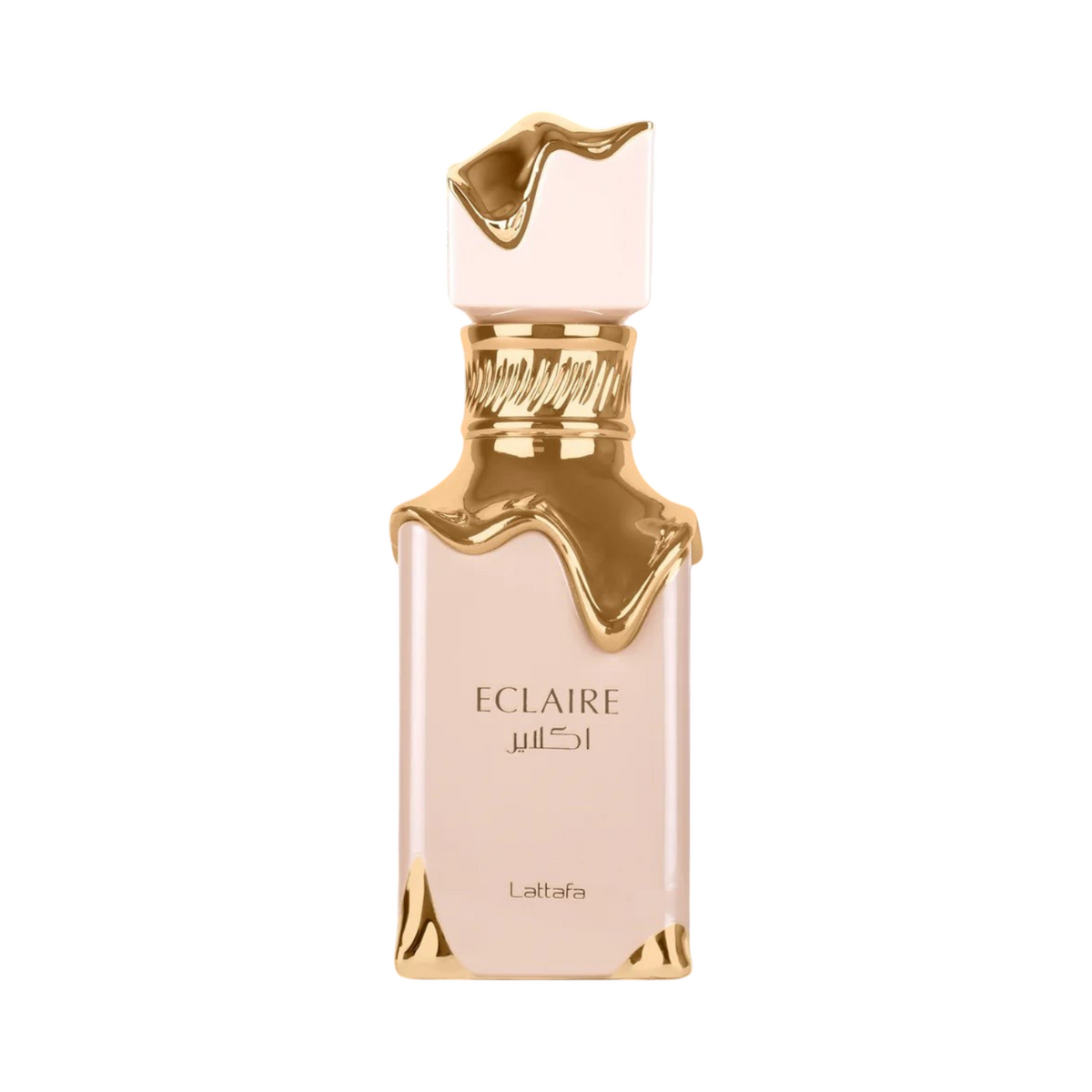 CR Signature Lattafa Eclaire EDP perfume bottle with a beige glass body and decorative gold melting drip accents.