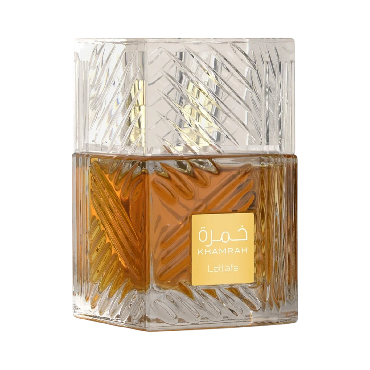CR Signature Lattafa Khamrah Eau de Parfum in a decorative glass bottle with amber liquid against a black background