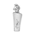 CR Signature Lattafa Maahir Legacy EDP perfume bottle with a silver horse head cap against a black powder background