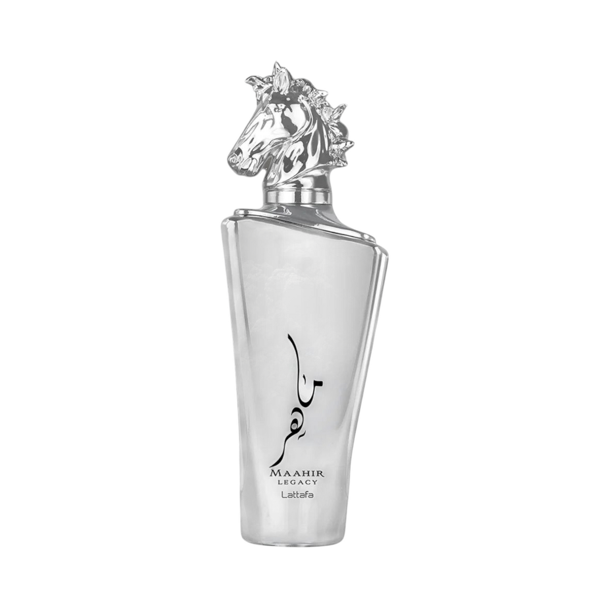 CR Signature Lattafa Maahir Legacy EDP perfume bottle with a silver horse head cap against a black powder background
