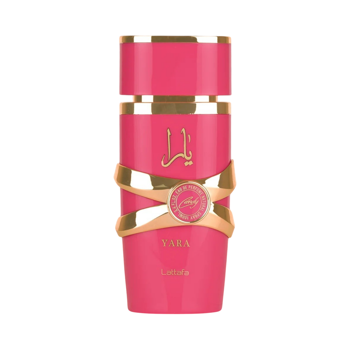 CR Signature Lattafa Yara Candy Eau de Parfum 100ml bottle in bright pink with gold accents against a dark background