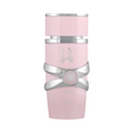 CR Signature Lattafa Yara Eau de Parfum in a light pink bottle with silver accents against a black powder background