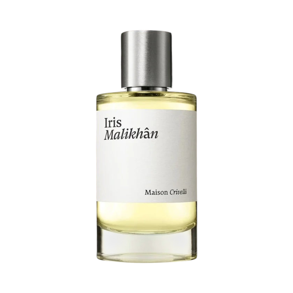 CR Signature Maison Crivelli Iris Malikhân Eau de Parfum in a clear glass bottle with a silver cap