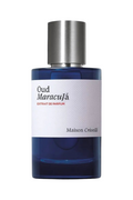 CR Signature Maison Crivelli Oud Maracuja Extrait de Parfum in a blue glass bottle with a white textured label