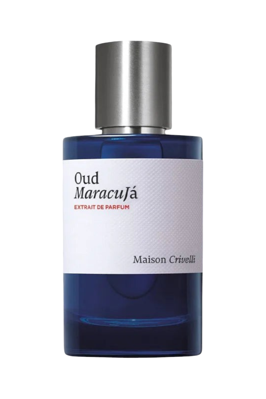 CR Signature Maison Crivelli Oud Maracuja Extrait de Parfum in a blue glass bottle with a white textured label