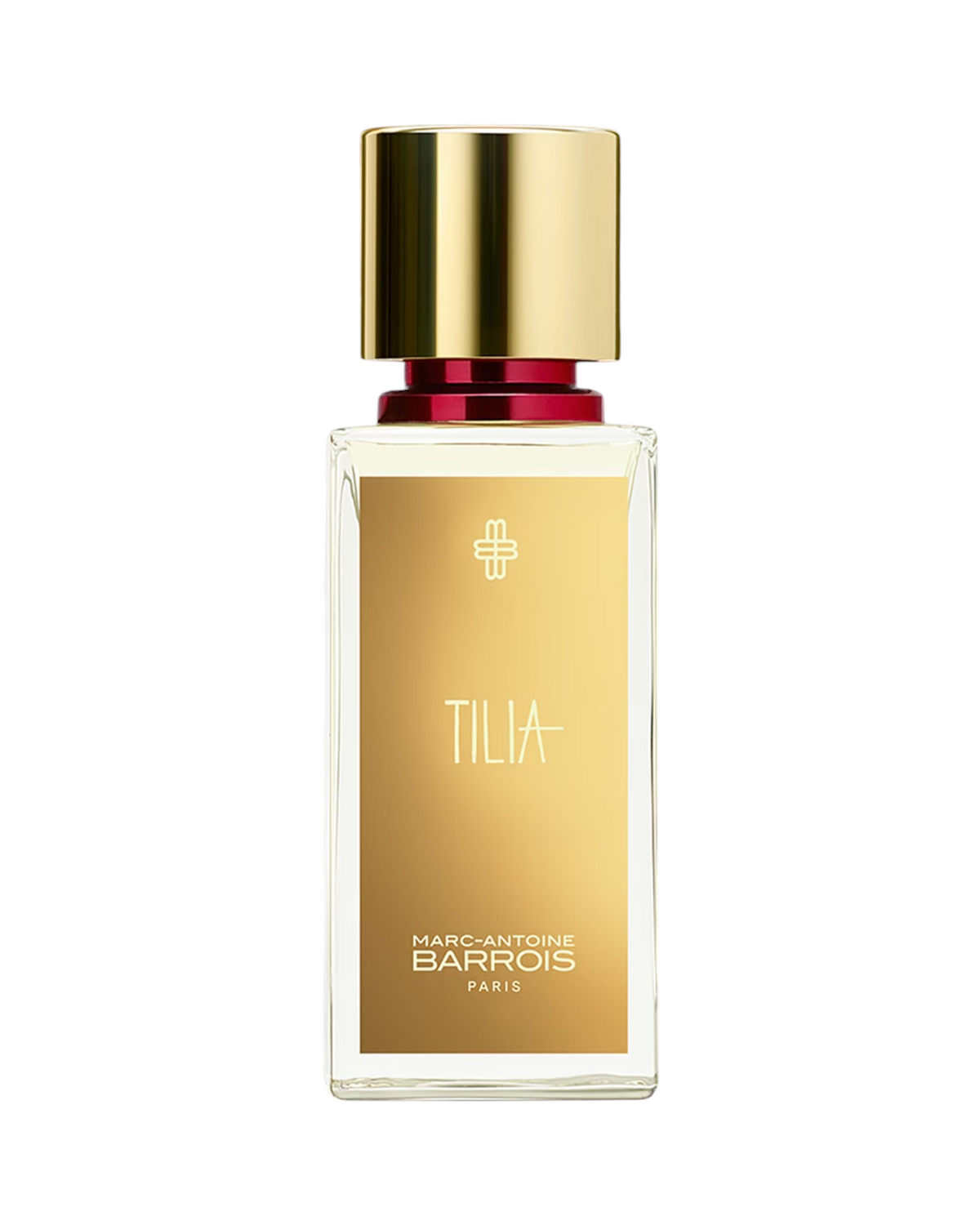CR Signature Marc-Antoine Barrois Tilia 100ml perfume bottle with a gold label and cap against a black powder background