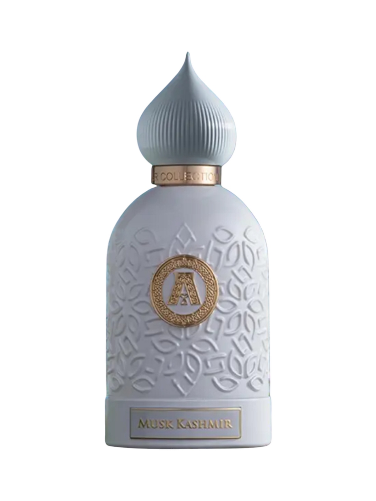 CR Signature Attar Collection Musk Kashmir Extrait perfume bottle with white embossed floral pattern and gold logo