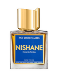 CR Signature Nishane Fan Your Flames Extrait de Parfum in a glass bottle with a gold cap against a black background