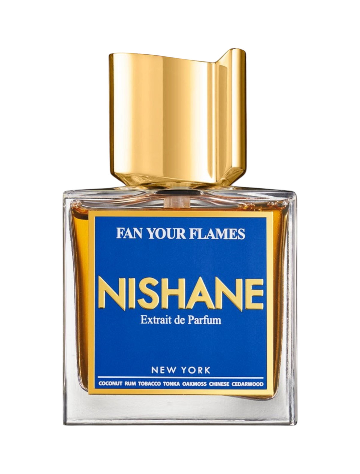 CR Signature Nishane Fan Your Flames Extrait de Parfum in a glass bottle with a gold cap against a black background