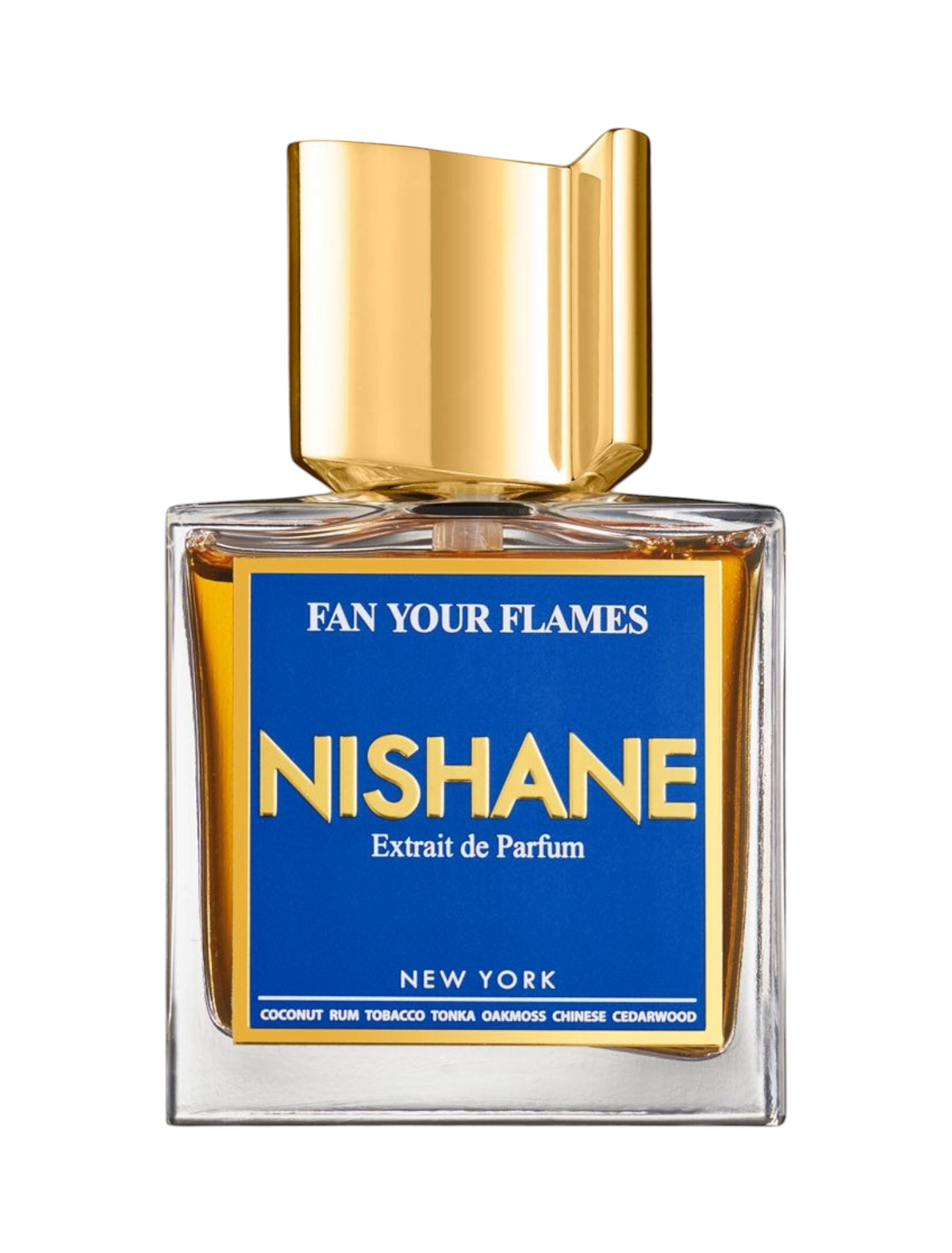 CR Signature Nishane Fan Your Flames Extrait de Parfum in a clear glass bottle with a gold cap and blue label.