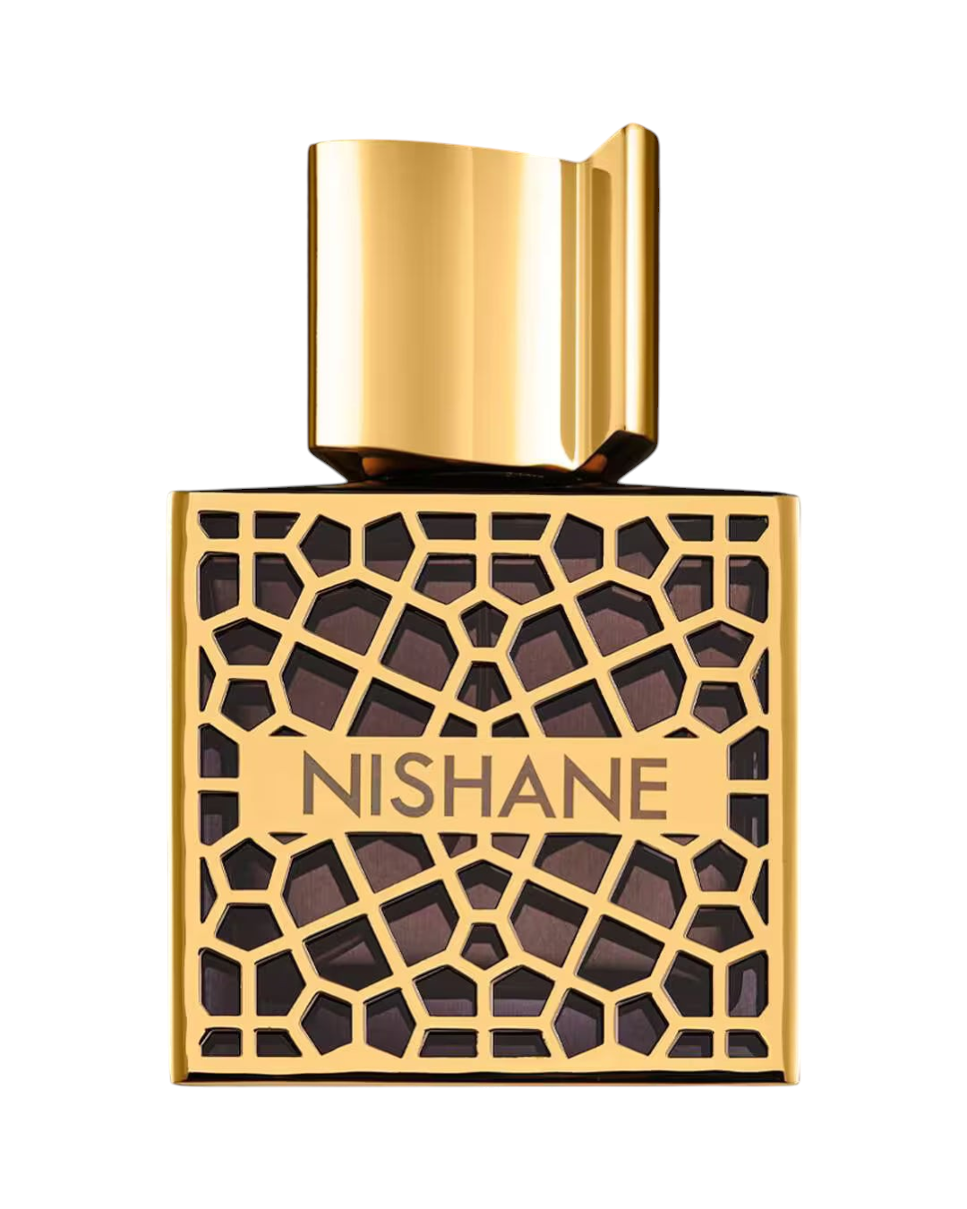 CR Signature Nishane NEFS Extrait de Parfum in a square glass bottle with an ornate gold lattice overlay and gold cap.