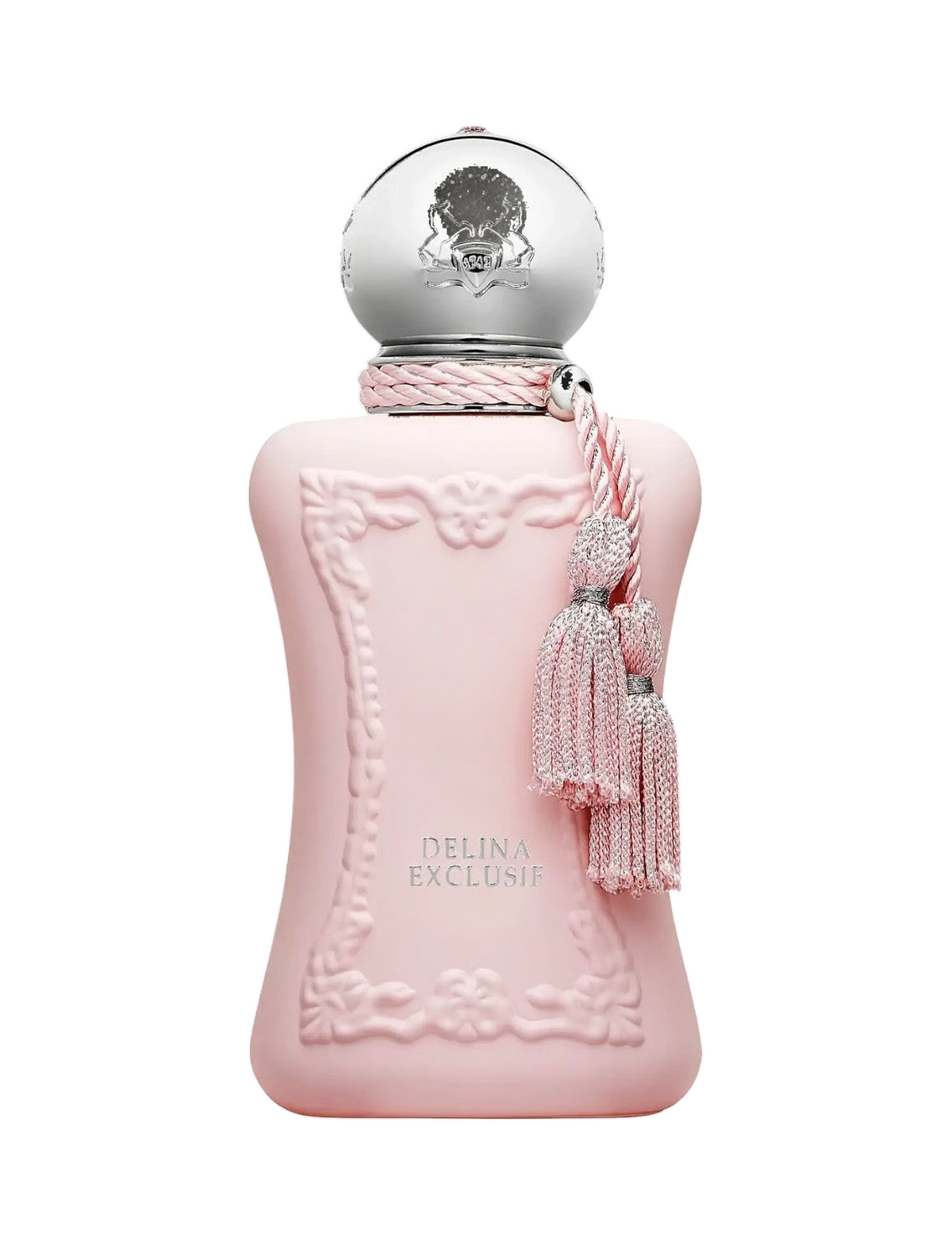 CR Signature Parfums de Marly Delina Exclusif perfume bottle in matte pink glass with a silver cap and pink tassels.